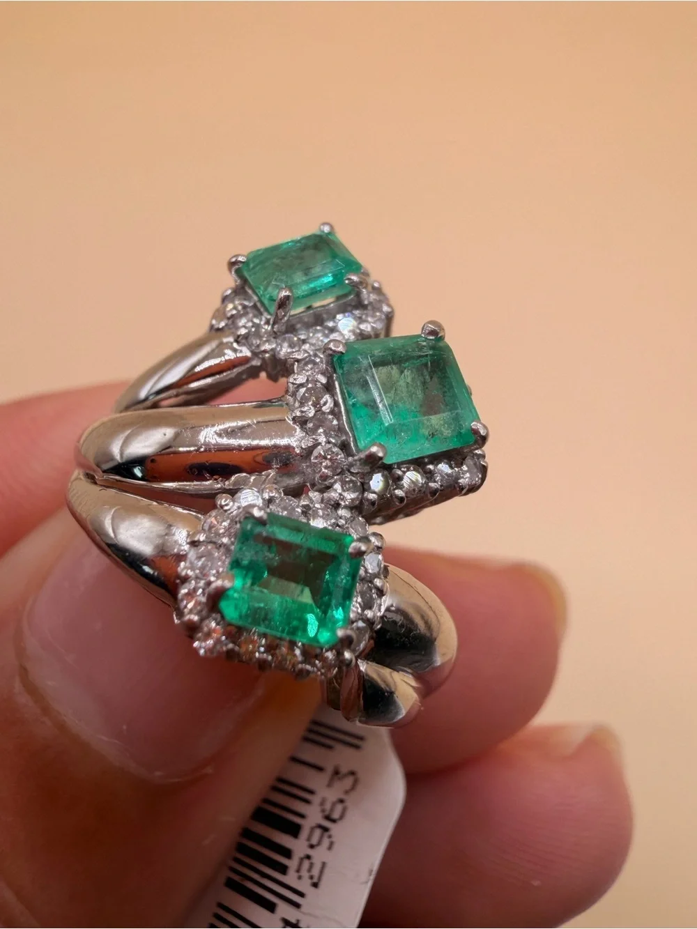 Vintage Platinum 900 Diamond & Colombian Emerald Ring Size 7.